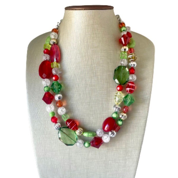 ¡Collar metálico de Navidad, rojo, verde y BLING! Joyería navideña, Joyería navideña, Joyería verde roja, Regalo de Navidad con cuentas