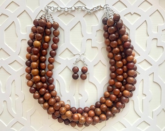 5 Strand Wood Beaded Necklace, brown Jewelry Chunky statement necklace, big beaded necklace jewelry, natural smooth wood earrings