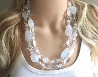 White & Clear Double Strand statement necklace, big beaded necklace, chunky jewelry, white necklace, resin necklace, multi-strand