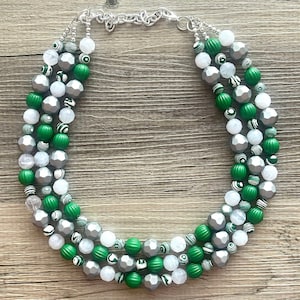 Green & White Statement Necklace, Green jewelry, dark green bib chunky necklace, Kelly green ombré white beaded necklace silver