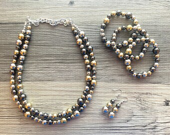 Metallic mirror silver gold & gunmetal Jewelry Set, silver Jewelry, metal double strand chunky statement beaded, gold bracelet earrings set