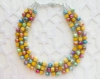 Rainbow Metallic Lava Lamp Statement Necklace, chunky multi-strand jewelry, wood yellow pink colorful necklace, silver blue jewelry