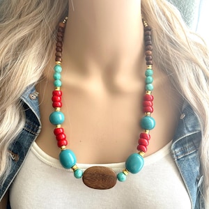 Santa Fe Golden Hour Chunky Statement Necklace, single strand bib beaded jewelry, turquoise blue color block necklace, aqua red gold wood
