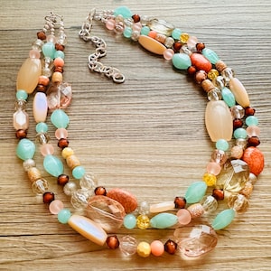 Peach Mint Coral Chunky Statement Necklace, Triple Strand Beaded Jewelry, green peach coral jewelry, bridsmaid wedding, bib beaded jewelry