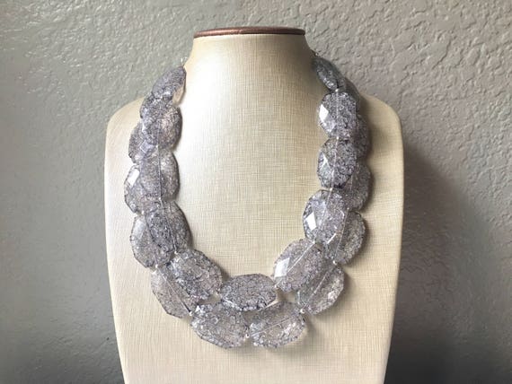 Gray Chunky Statement Necklace Big Beaded Bib Necklace Gray