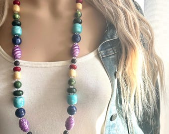 Long Vintage Rainbow Beaded Necklace, Colorful Jewelry, Chunky statement big beaded, baby shower resin plus size layering 36