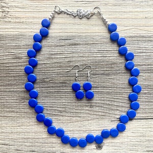 Royal Blue 1 Strand Statement Necklace, Chunky Jewelry Big Beaded Necklace, dark blue Necklace, geometric zig zag bubble round earrings