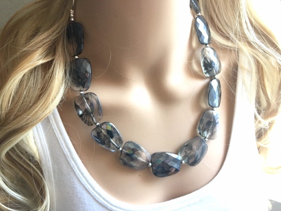 Black & Resin Big Bead Necklace, Single Strand Statement