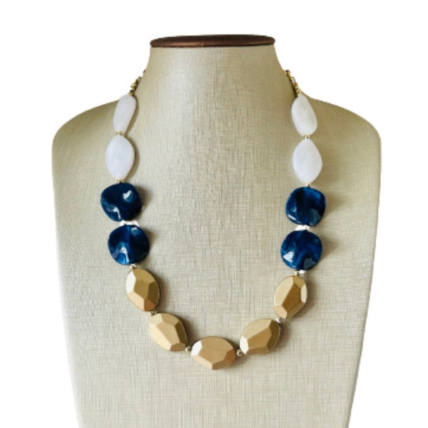 Nautical Chunky Statement Necklace, Big beaded jewelry, Single Strand Statement Necklace, navy blue an white, gold navy necklace, white gold