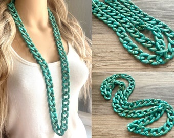 Long Acrylic necklace, seafoam linking acetate necklace, chain necklace, statement necklace jewelry, layering necklace turquoise