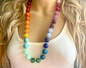 Colorful Rainbow Long Statement Necklace, Ball Beaded Jewelry, silver accent chunky single strand long jewelry