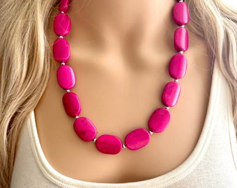 Dark Pink Stone Single Strand Big Beaded Statement Necklace, pink Jewelry set, pink earrings, pink beaded necklace, wedding magenta