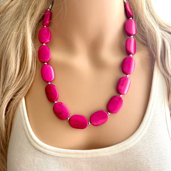 Dark Pink Stone Single Strand Big Beaded Statement Necklace, pink Jewelry  set, pink earrings, pink beaded necklace, wedding magenta