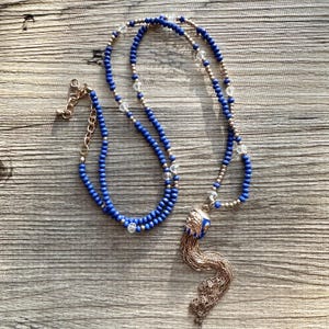 Shades of Blue Long Statement Necklace, long tassel silver necklace, beaded long necklace, smoke royal aqua gray lion layering