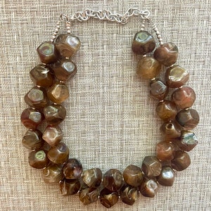 Chocolate Chunky Storm Statement Necklace, Big beaded jewelry, Double Strand Geometric Brown smoke Bib necklace bridesmaid wedding silver