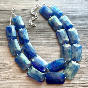 Glitter Infused Royal blue double strand chunky jewelry, handmade beaded metallic shiny statement necklace, dark blue shimmer bib necklace