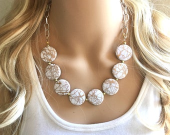 White & Gold Statement Necklace Earring set, white jewelry, Your Choice GOLD or SILVER, white bib chunky necklace, white circle gold jewelry