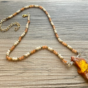 Orange Dragon Vein Agate Pendant Necklace with Coral and Cream Beaded Chain, bead pendant necklace single strand drop style