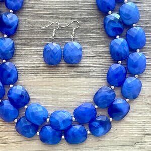 Royal Blue Statement Necklace, Chunky Jewelry Big Beaded Double Strand Necklace, Dark Blue Necklace, Blue Jewelry Set, Dark Blue Beaded image 4