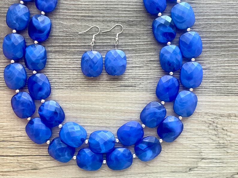 Royal Blue Statement Necklace, Chunky Jewelry Big Beaded Double Strand Necklace, Dark Blue Necklace, Blue Jewelry Set, Dark Blue Beaded image 4