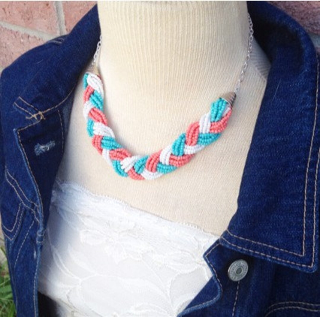 Coral & Turquoise Seed Bead Braided Necklace - Etsy