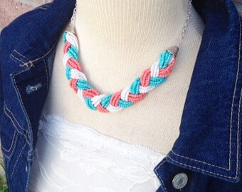 Coral & turquoise seed bead braided necklace