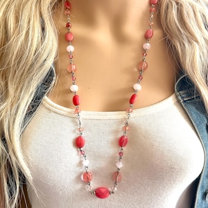 Vintage Pink Ombre Long Necklace, beaded single strand jewelry, pink & silver beaded necklace layering blush geometric hot pink