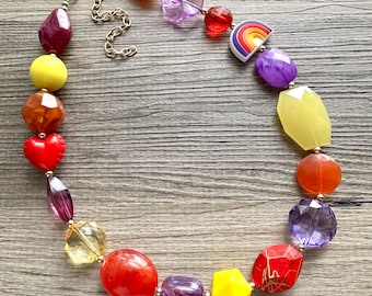 Autumn Rainbow Chunky Statement Necklace, single strand bib beaded jewelry, purple color block necklace, red orange yellow colorful