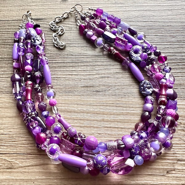 Girls Trip Necklace, Beaded 5 Layer Necklace, bead statement necklace, lavender purple royal eggplant beaded bib chunky