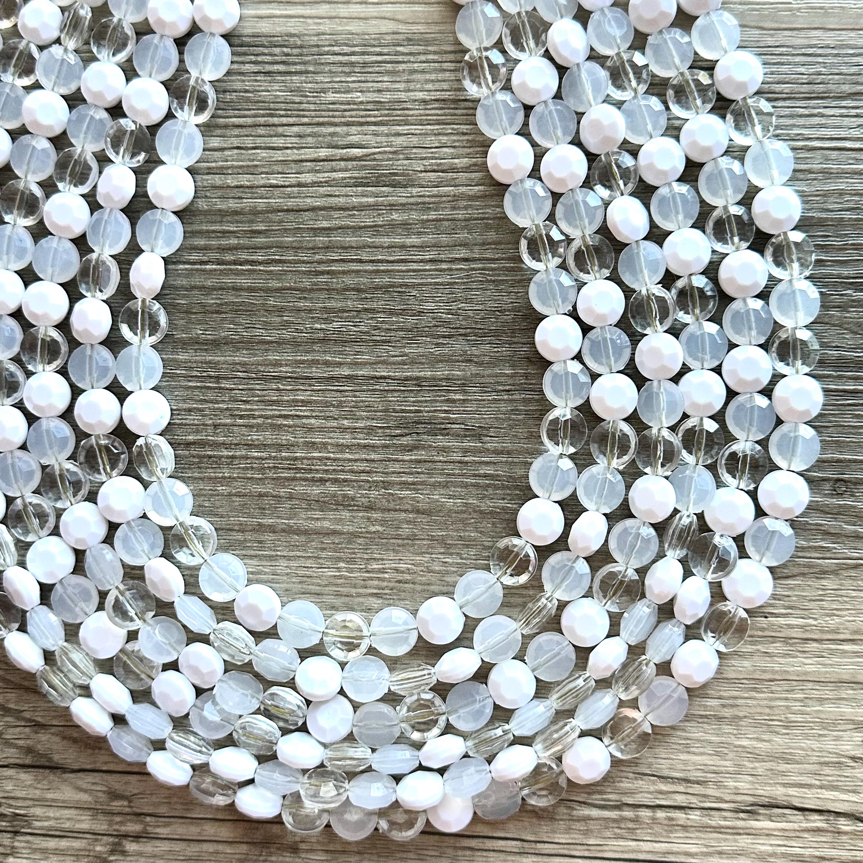 6 Strand White Clear Resin Beaded Necklace Jewelry, Beaded Chunky 