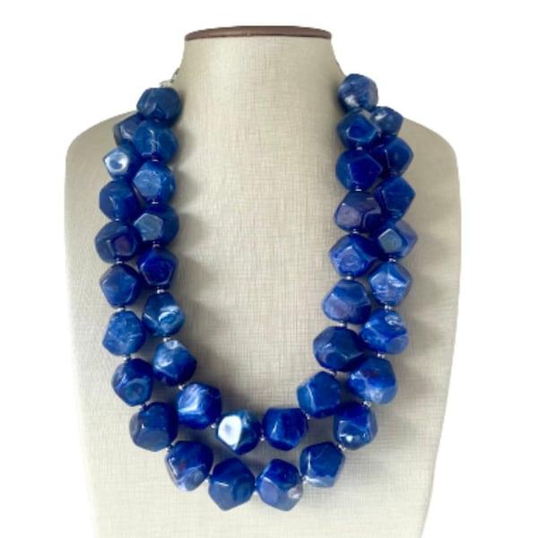 Royal Blue Statement Necklace, Chunky Jewelry Big Beaded Double Strand Necklace, royal Blue Necklace, Blue Jewelry Set, Dark Blue Beaded