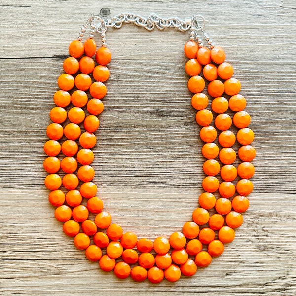 Bright Chunky Orange Statement Necklace, Big beaded jewelry, Triple Strand Statement Necklace, Bib necklace orange bridesmaid marigold