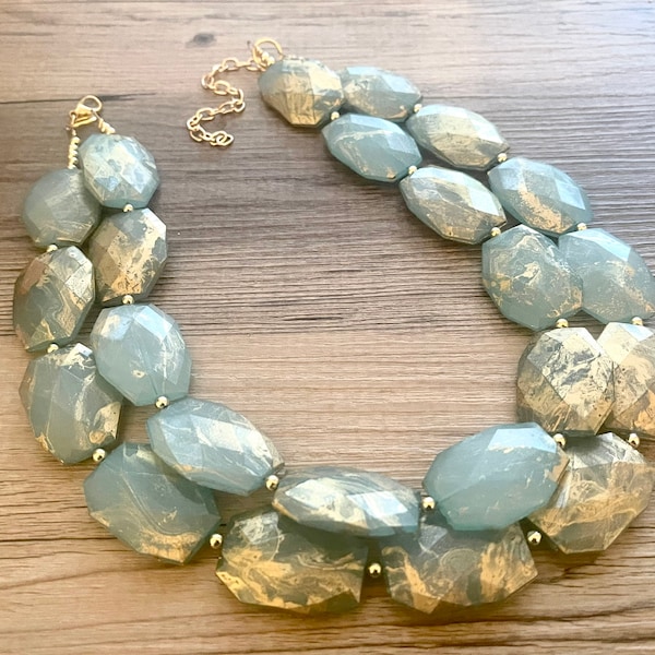 Golden Aqua Necklace, Double strand bright jewelry, big beaded chunky statement, summer necklace, light turquoise blue gold