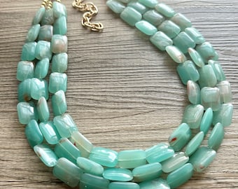 Seafoam Green Statement Necklace Set, Green jewelry mint green bib chunky necklace, light green necklace, creamy green beaded jewelry
