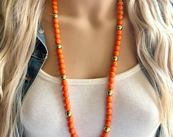 Vintage Long Statement Necklace Jewelry, Chunky Jewelry Big Beaded 1 Strand Necklace, orange acrylic Necklace, gold geometric bead layering
