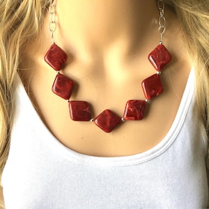 Deep Red Statement Necklace & Earrings, red jewelry, Your Choice GOLD or SILVER, red bib chunky necklace, red necklace, Crimson Jeweley Set