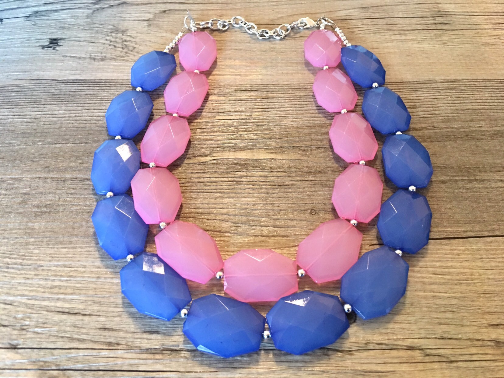 Blue & Pink Necklace Multi Strand Jewelry Big Beaded Chunky Etsy UK