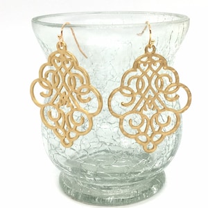 Filigree Earrings, gold drop Earrings, Metal Filigree Earrings, filigree jewelry, matte gold jewelry cutout lace earrings, metal geometric
