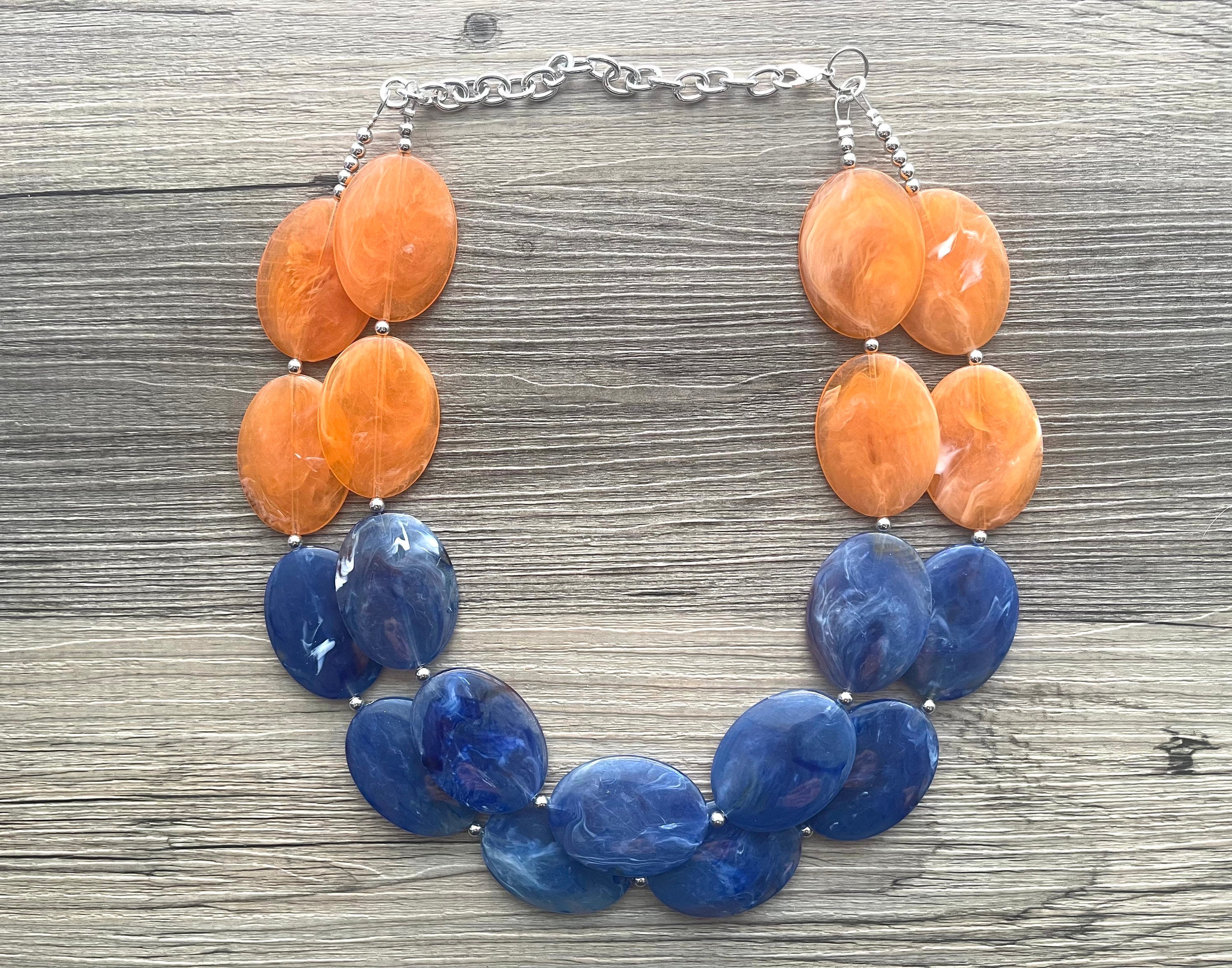 Orange Blue Chunky Statement Necklace Big Beaded Jewelry Multi