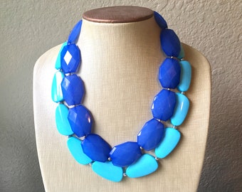 Royal Blue & Turquoise Necklace, double strand jewelry, big beaded chunky statement necklace, blue necklace, turquoise jewelry, teal jewelry