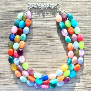Multi-Color Rainbow Watercolor Necklace, Sprinkle Shower Chunky Statement Necklace Happy Bright Summer Jewelry, big beaded jewelry