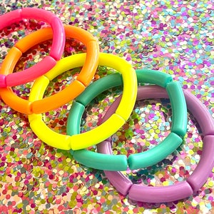 Happy Day Rainbow Stretch Bracelets, Elbow Bead Bracelets, hot pink orange neon yellow green purple jewelry, stretch stacking bracelets