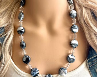 Black & White Chunky Statement Necklace single Strand Beaded jewelry, bridesmaid bib wedding, white bubble necklace resin layering
