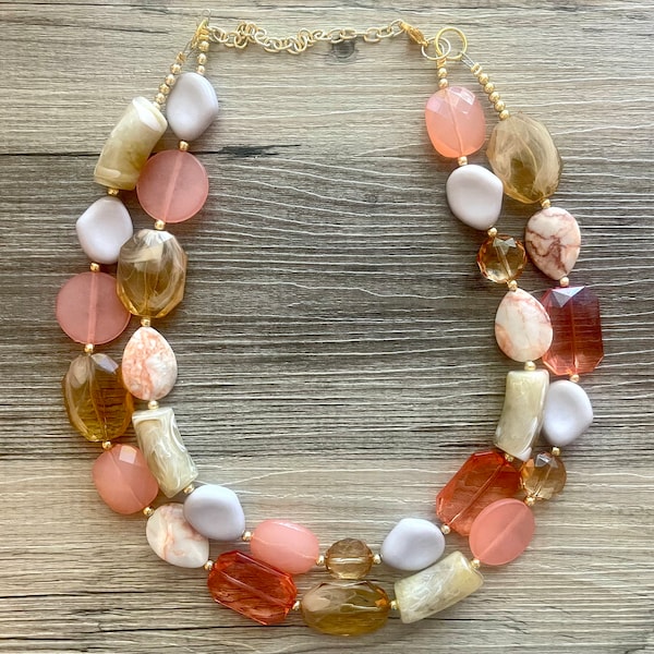 Masai Mara chunky necklace, Wanderlust Collection beaded jewelry, resin beaded Ombré necklace, tan champagne coral peach