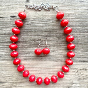 Red Geometric Beaded statement necklace, chunky bead red jewelry, layering necklace jewelry, red bubblegum earrings cherry red