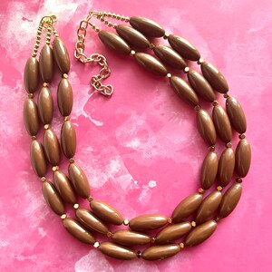 Chocolate Cake Gold Necklace, triple strand beaded jewelry set, big beaded bib chunky statement brown beaded necklace