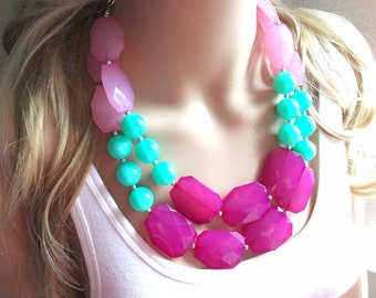 Pink & Mint Big Bead Necklace - Double Strand Statement Jewelry - magenta blush mint green Chunky bib bridesmaid, everyday bubble jewelry