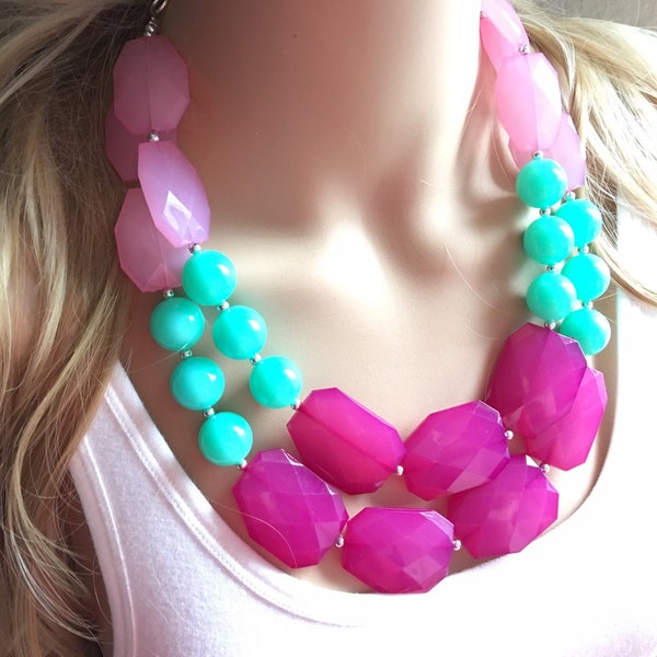 Pink & Mint Big Bead Necklace - Double Strand Statement Jewelry - magenta blush mint green Chunky bib bridesmaid, everyday bubble jewelry