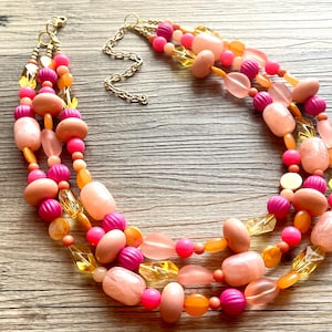 Gina Summer Statement necklace, peach necklace, Beaded statement necklace, bib necklace, yellow  fall autumn orange jewelry pink coral