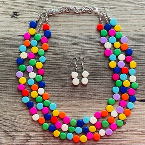 Colar de contas de férias com arco-íris tropical, joias coloridas, colar de declaração robusto, colar de contas de lentilha, joias vermelhas, rosa, azul e verde